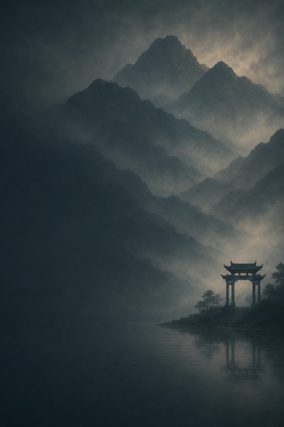 Misty mountain landscape with a traditional Chinese gate