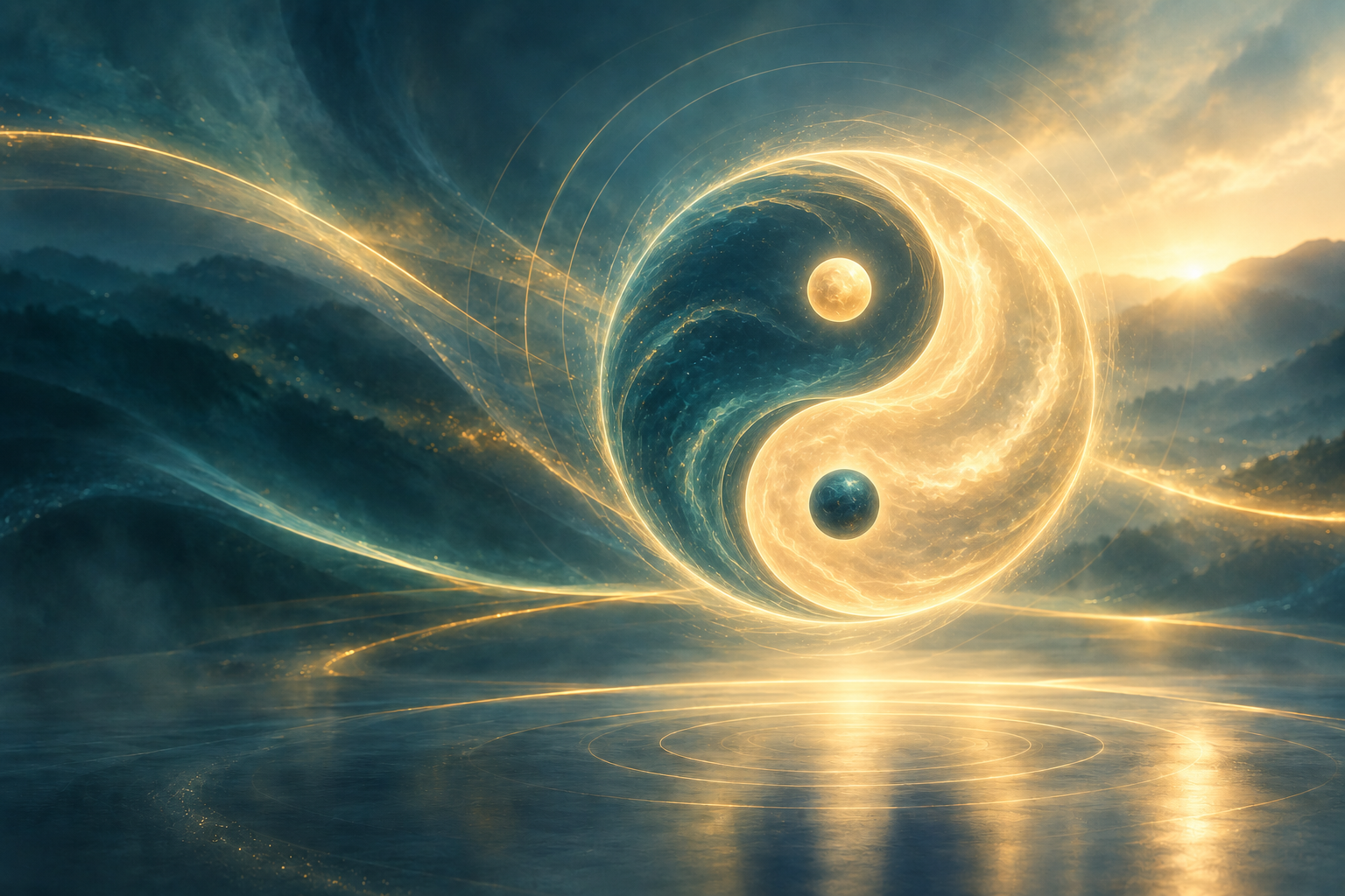 A luminous yin-yang formed from flowing jade and golden energy, opening into a spacious mountain landscape