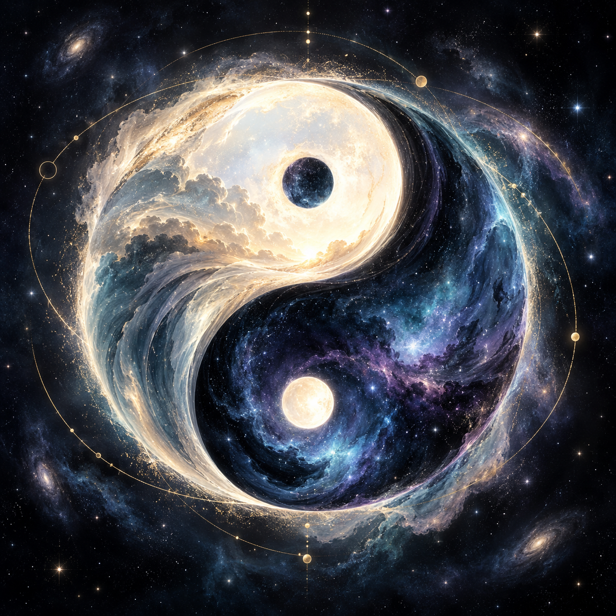 Cosmic yin-yang formed from stars and flowing light, representing adaptability, balance and possibility