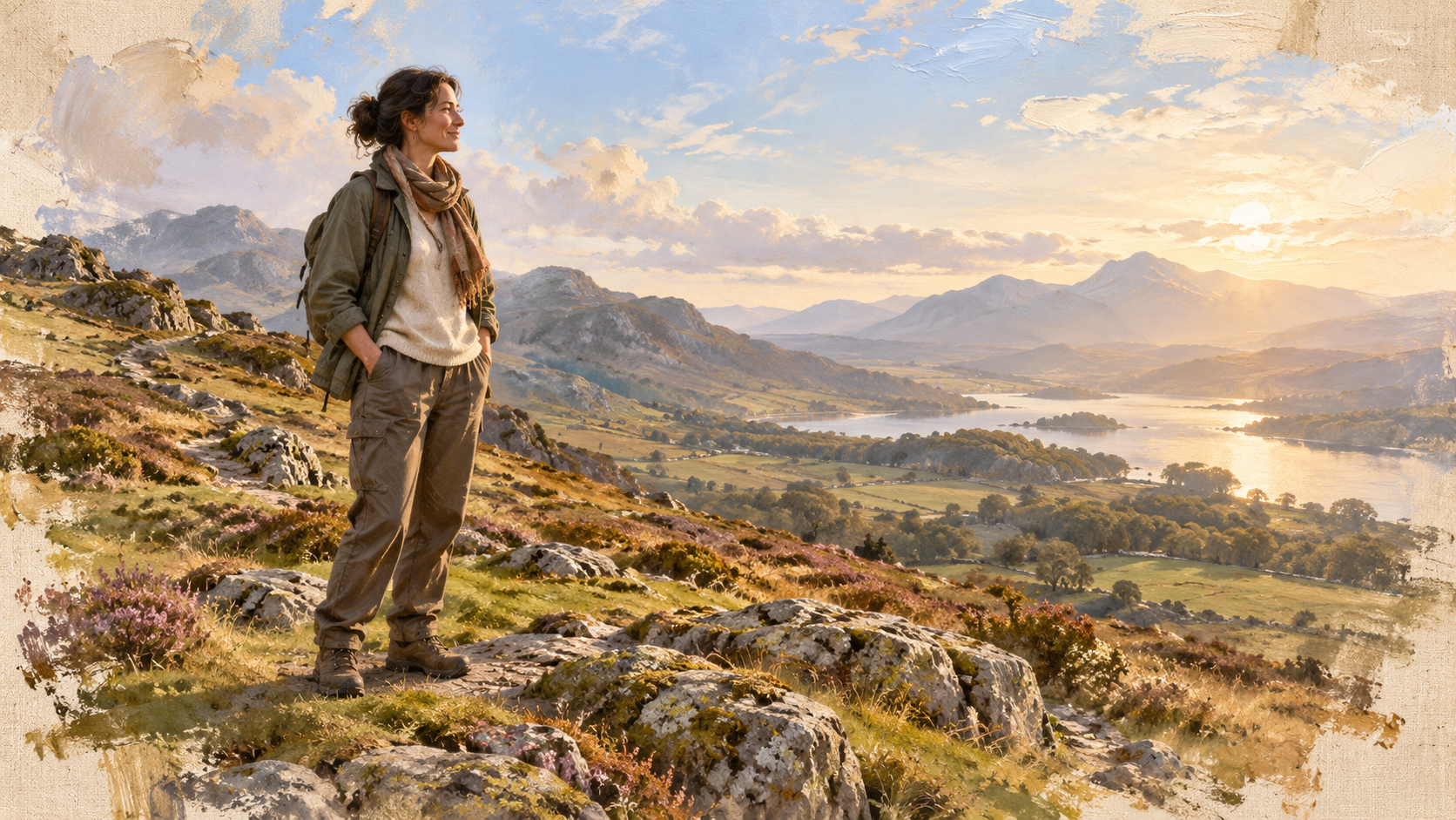 A person stands quietly in a sunlit landscape, with weathered paths and delicate canvas textures suggesting past experience and fresh possibility.