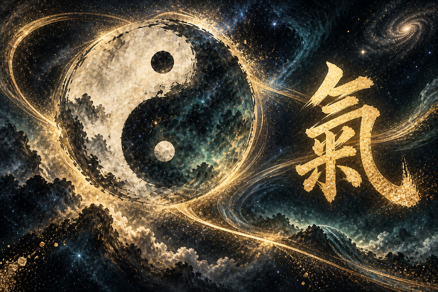 Celestial yin-yang glowing amid a dark cosmic landscape beside gold calligraphy for Qi