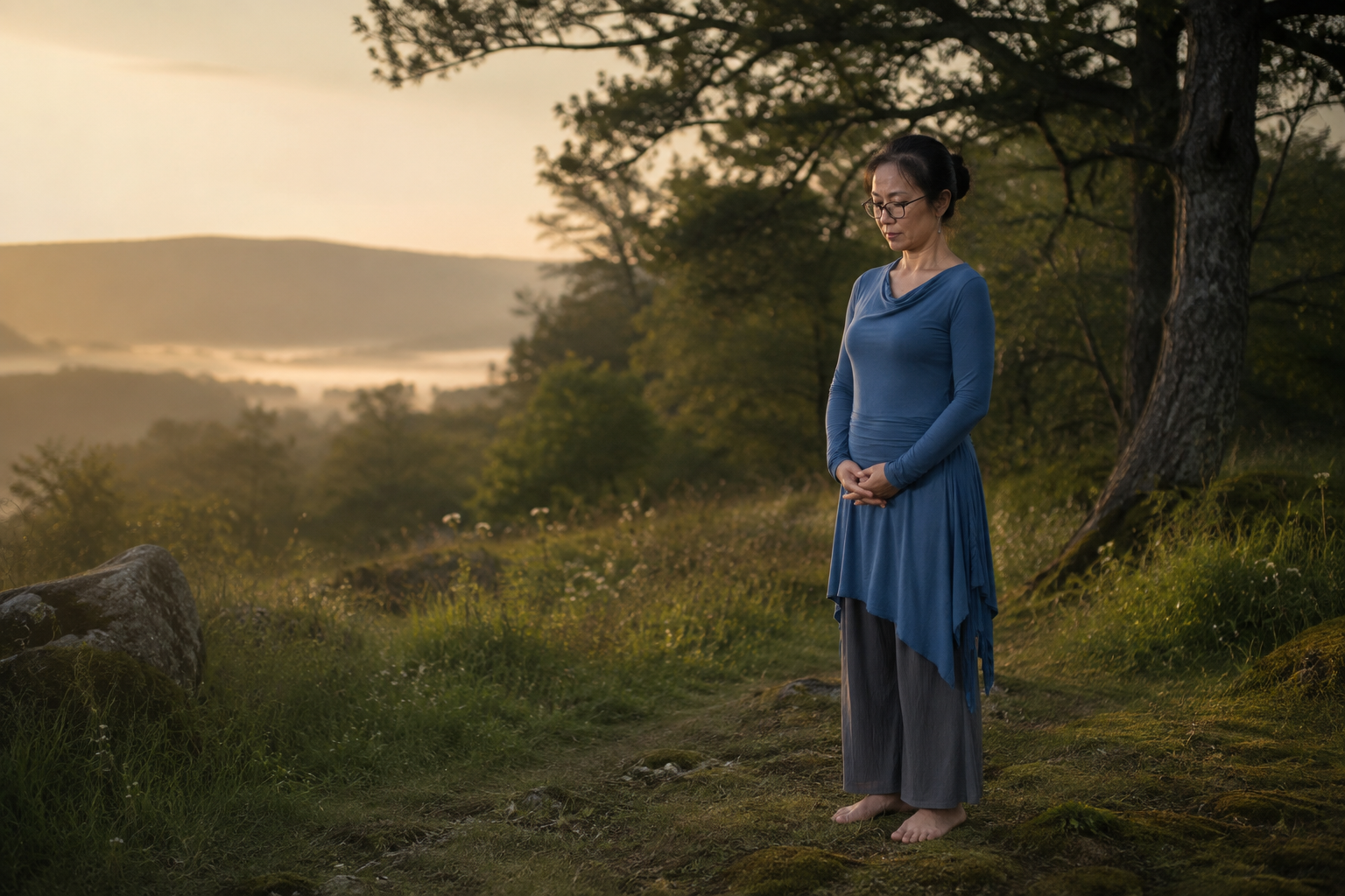 Dr Jar practising a quiet standing Qigong posture in a Welsh landscape at dawn