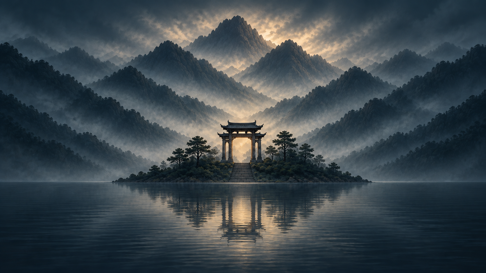 A luminous Chinese gate reflected in a still mountain lake, representing The Friday Stillness Gate