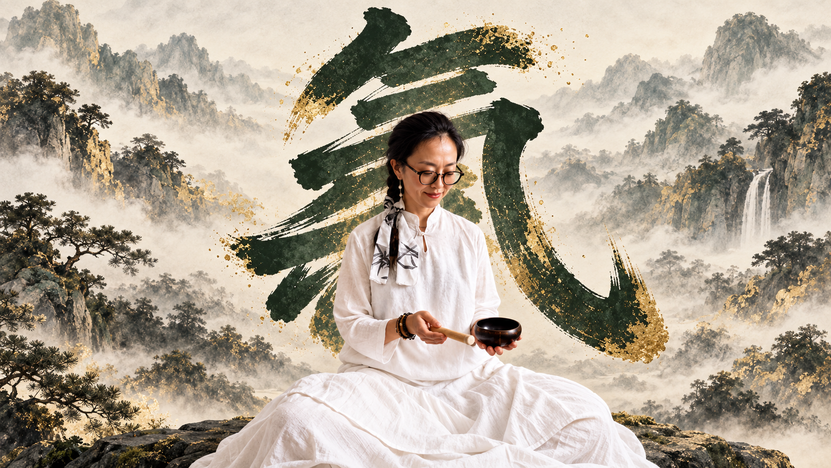 A seated practitioner with a singing bowl before misty mountains and complete Chinese calligraphy, representing Monday's Present Moment practice