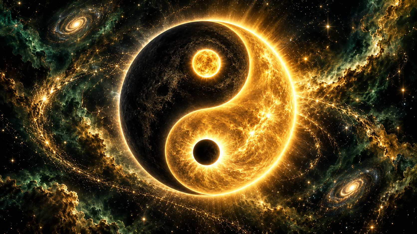 A luminous golden cosmic yin-yang representing Wednesday's Harmony of Yin and Yang practice