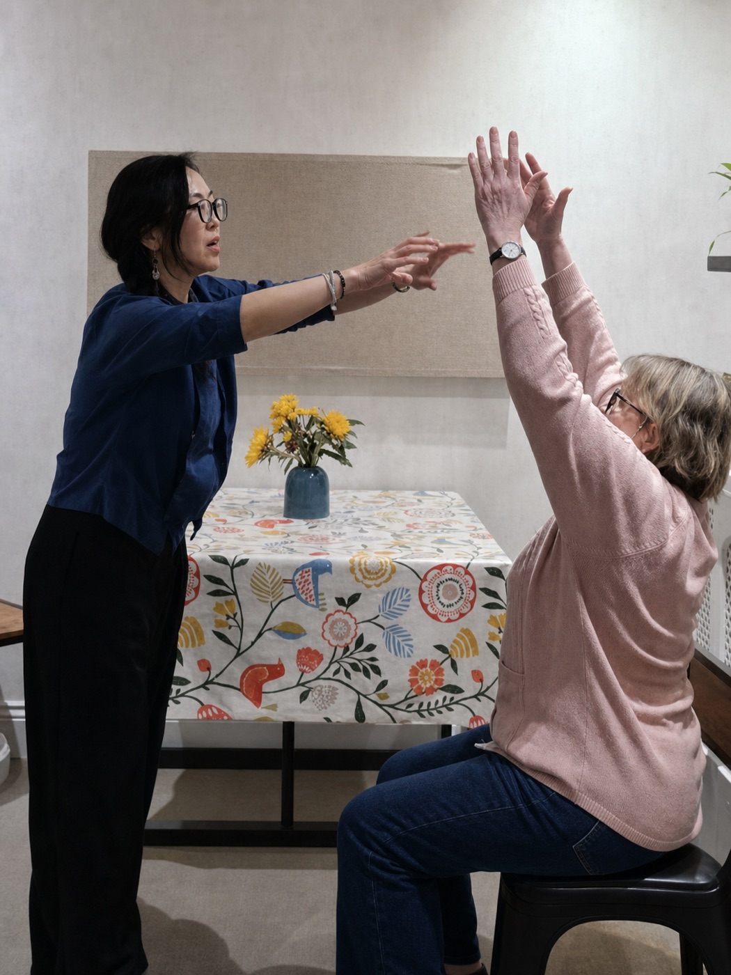 Dr Jar adapting a seated one-to-one Tai Chi movement for a client at home