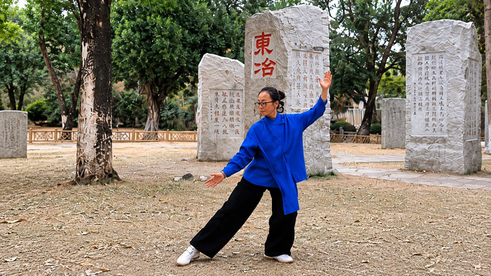 Dr Jar practising Tai Chi in a peaceful Chinese stone park