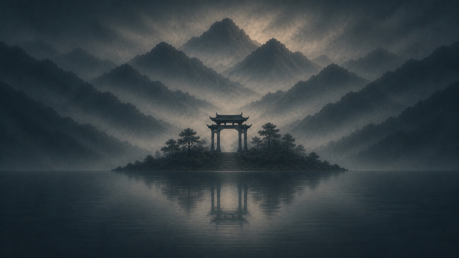 A traditional Chinese gate and its reflection centred on a misty mountain lake