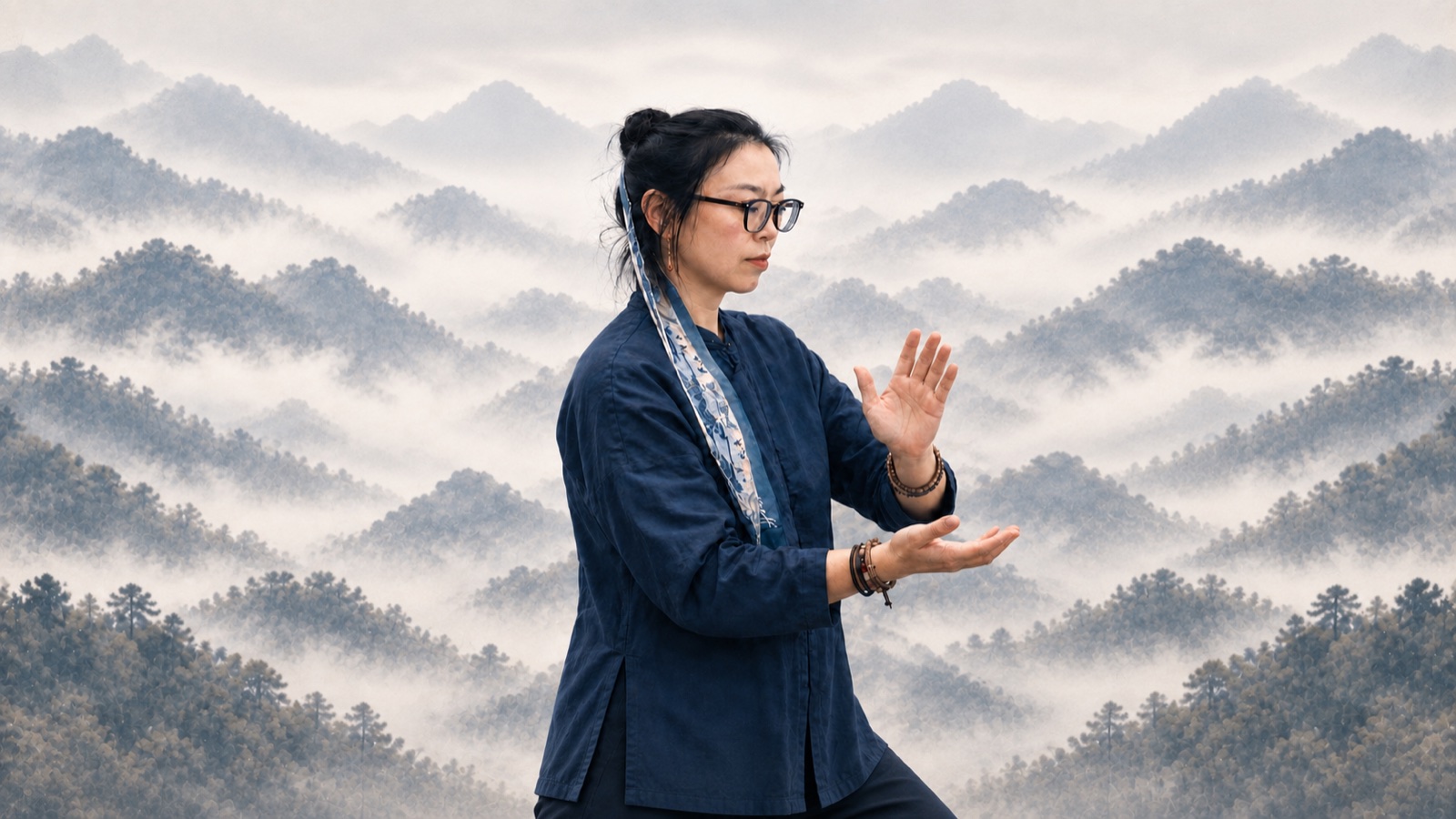 Dr Jar practising Tai Chi before layered misty mountains