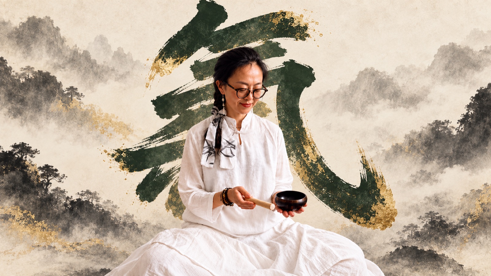 Dr Jar seated with a singing bowl before the Chinese calligraphy character for Qi