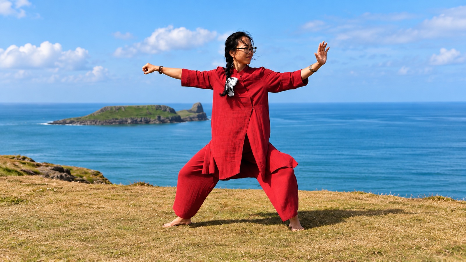 Dr Jar practising Tai Chi in red beside the sea