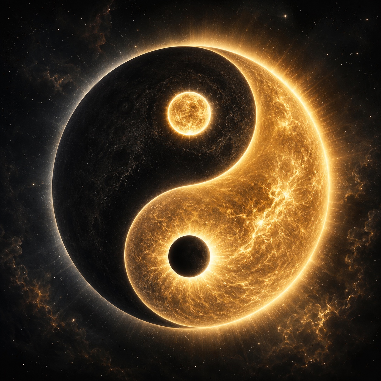 A luminous gold solar yin-yang symbol against a dark starry background